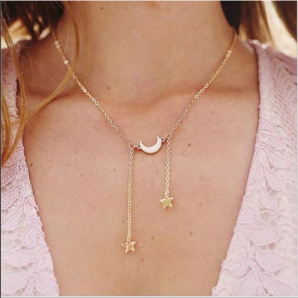 Gold Crescent Moon Dangly Star Charm Necklace🌟🌙